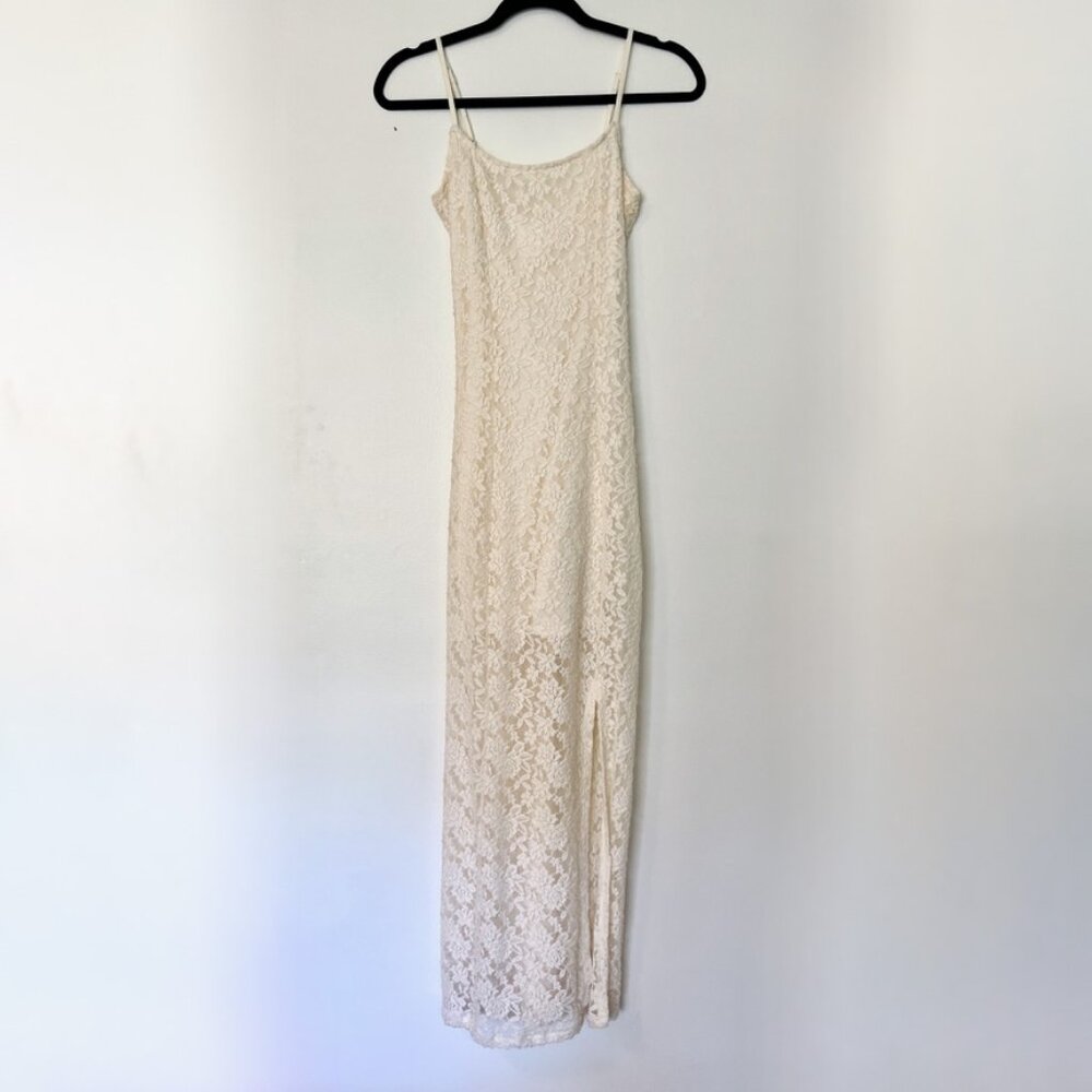 Aerie American Eagle Small White Cream Bodycon Lace Leg Slit Maxi Dress